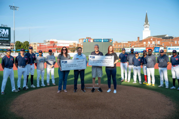 Jeannie Asbury, executive director of REACH of Washington County and Melanie Watts, Program Director for Habitat for Humanity of Washington County, recently accepted a donation of $2,500 each as part of the F&M Trust Strikeout Initiative with the Hagerstown Flying Boxcars. Representing F&M Trust are Craig Best, President and CEO and Warren Elliott, Board Chairman.