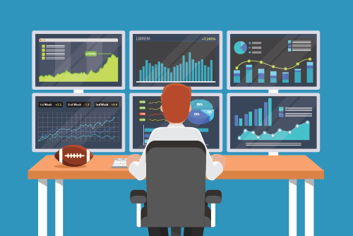 illustration of man sitting in front of multiple computer screens showing financial charts