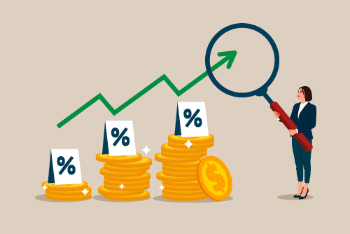 Illustration of coin bar graph increasing with percentages.