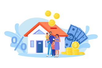 Graphic of a family standing outside of a house surrounded by money.